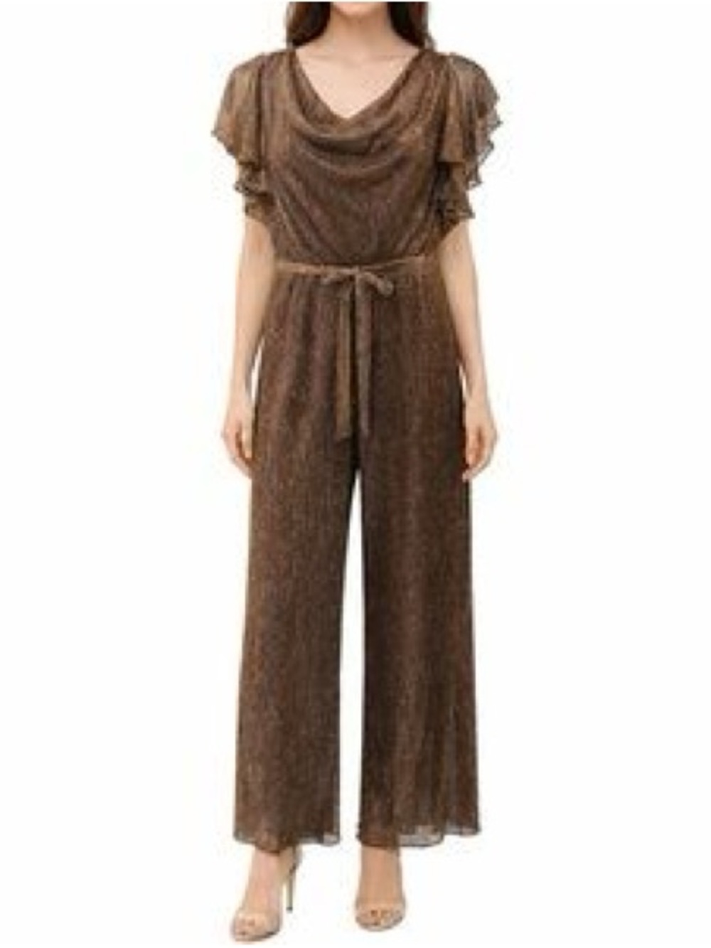 Maison Tara Elegant Brown Metallic Jumpsuit with Tie Waist